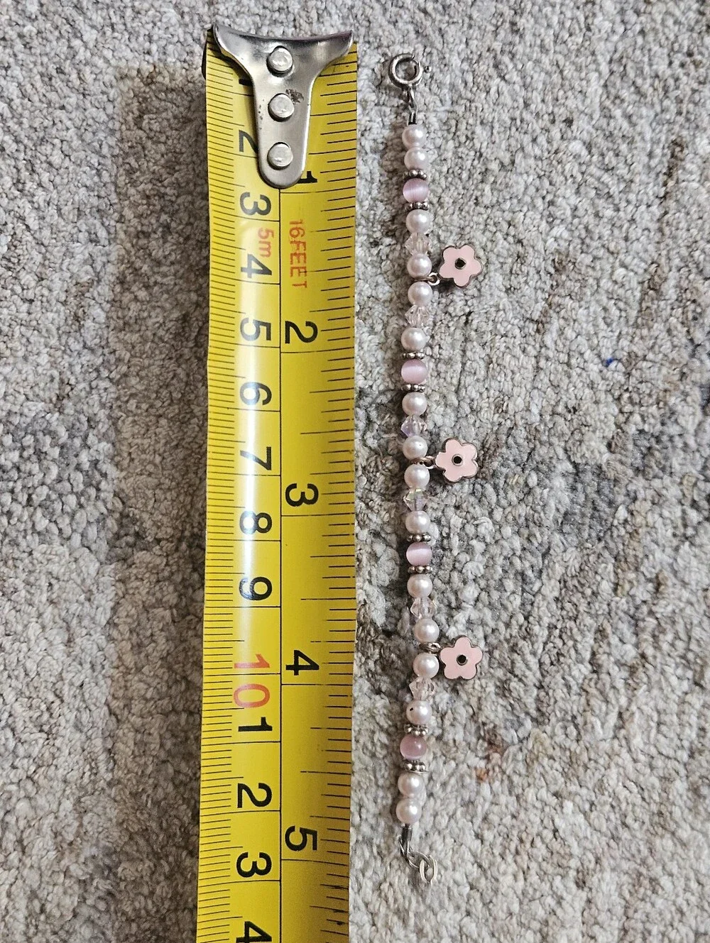 Delicate Pink Flower Charm Beaded Sterling Silver Bracelet Lenght 5